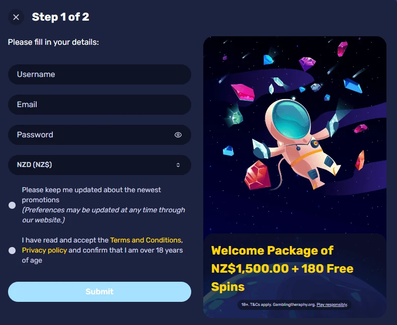 Galactic Wins registration step one with NZD selected as the account currency